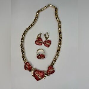 14k gold plated Gold-Tone Red Heart 'Love' Necklace, Earrings & Ring Set